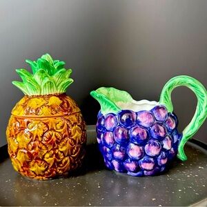 Fitz & Floyd Calypso Cream And Lidded Sugar Bowl 1988 Grape Pineapple